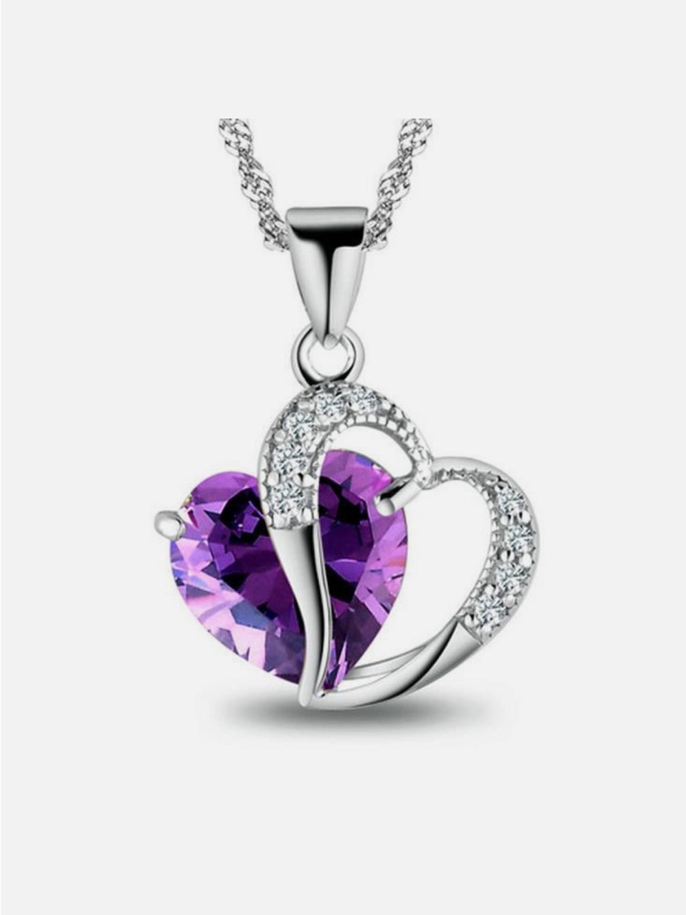 Women 925 Sterling Silver Necklace Chain Amethyst Crystal Heart Purple Pendant